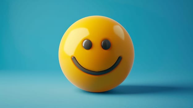 Yellow smiley face ball on blue background, cheerful and vibrant concept.