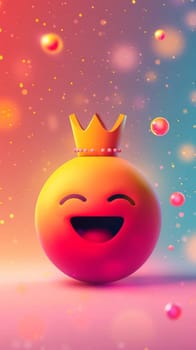 Smiling emoji with crown on colorful gradient background, cheerful and vibrant expression concept.