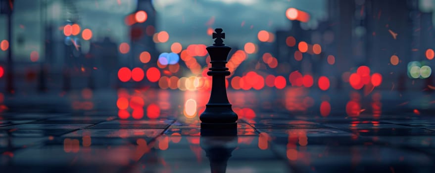Chess piece on wet street with blurred city lights at dusk, reflective and moody atmosphere. Strategy concept.