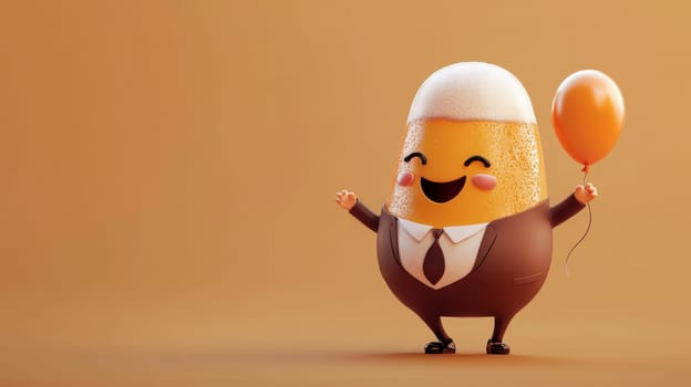 Cute foam beer character in a suit holding an orange balloon on orange background, humorous cartoon concept.