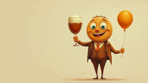 Smiling cartoon character in suit holding a balloon and glass of beer, beige background, celebratory mood.