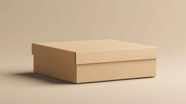 Cardboard box on beige background, minimalist packaging concept.