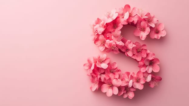 Letter S made of pink sakura flowers on pink background, spring floral decoration concept.