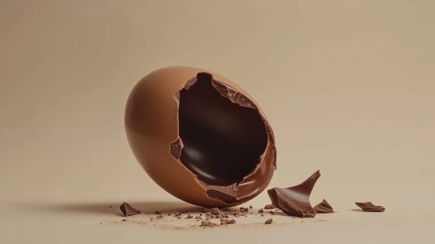 Broken chocolate egg on a beige background, minimalist composition. Easter and confectionery concept.