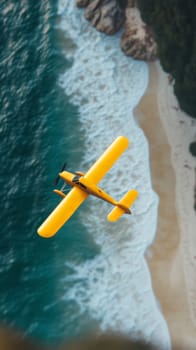 Yellow airplane flying over a tropical beach, aerial view. Adventure and travel concept.