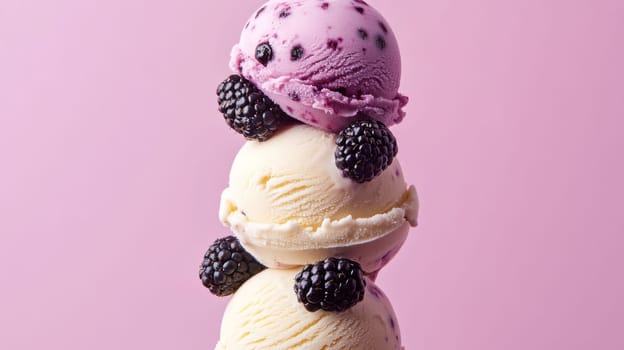 Stack of three ice cream scoops with blackberries on pink background. Sweet dessert and summer treat concept.