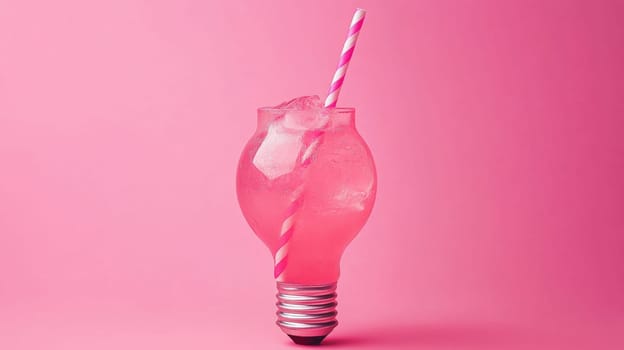 Light bulb shaped glass with pink drink and striped straw on pink background, creative concept.