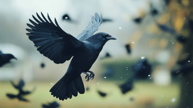 Black crow in flight with blurred background, nature and wildlife photography concept.