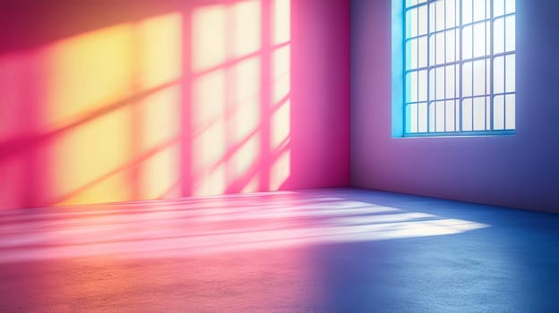 Colorful empty room with sunlight through windows, vibrant interior design, abstract concept.