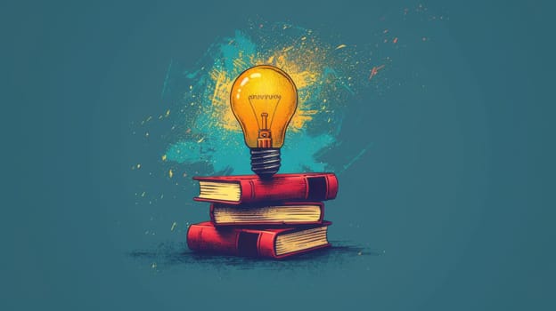 Light bulb resting on stack of books, abstract background. Knowledge and creativity concept.