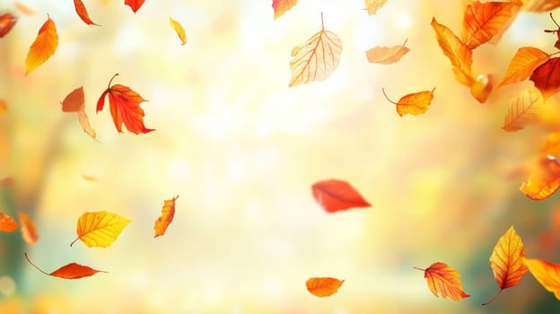 Falling Autumn leaves against a bright sky, seasonal background. Nature concept.