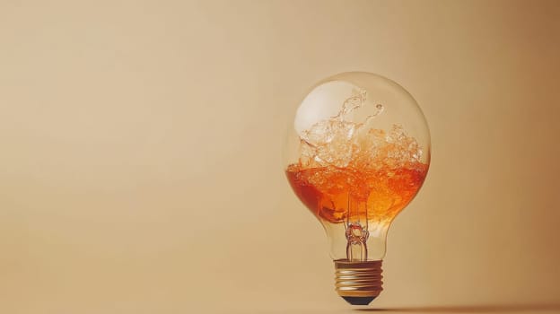 Light bulb filled with liquid and ice cubes, studio shot on beige background. Creative concept for innovative ideas.