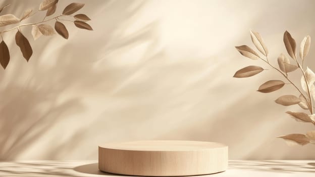Minimalist natural podium with leaves on beige background, product display. Organic and eco-friendly presentation concept.