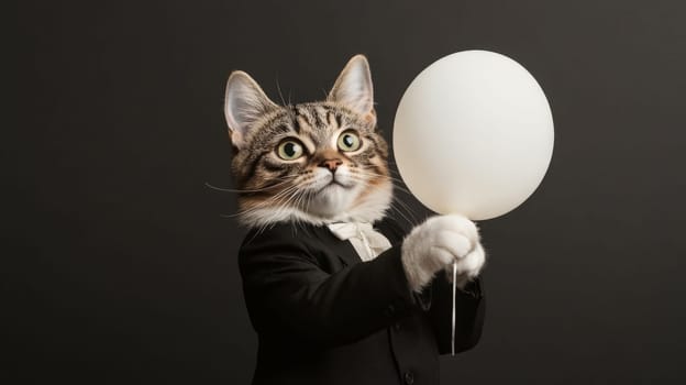 Cat dressed in tuxedo holding a white balloon, studio shot. Cute animal fashion and celebration concept.