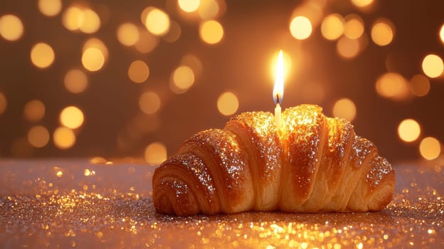 Croissant with lit candle on glitter background, festive celebration, bokeh lights.