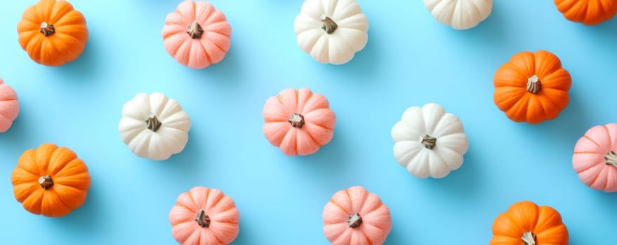 Colorful mini pumpkins pattern on blue background, autumn harvest concept.