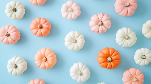 Pattern of small white, orange, and pink pumpkins on light blue background. Festive autumn, thanksgiving, and halloween concept.