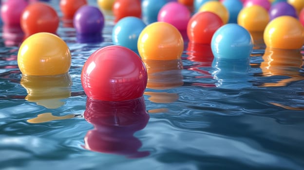 Colorful balls floating on water surface, close-up. Summer fun and leisure concept.
