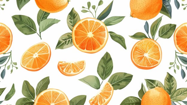 Seamless pattern of orange slices and leaves, botanical illustration. Fresh citrus fruit concept.