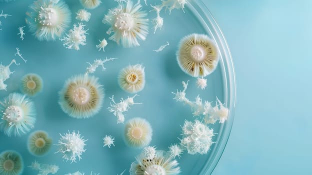 Microscopic view of bacteria colonies in petri dish, laboratory science concept.
