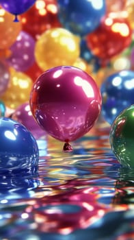 Colorful balloons floating on a reflective water surface, vibrant party celebration concept.