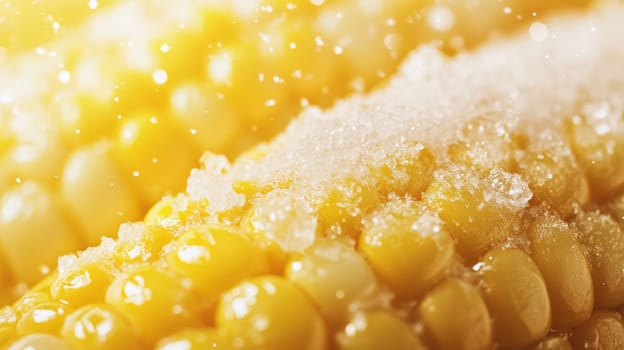 Close-up of buttered corn on the cob with salt crystals, macro food photography concept.