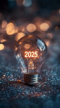 Light bulb with 2025 glowing filament on sparkly surface, creative future concept.