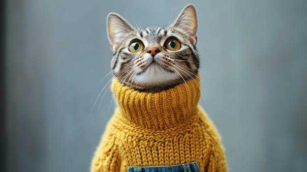Cat wearing a yellow sweater and blue overalls against a gray background, cozy and stylish pet concept.