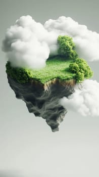 Floating island with clouds, greenery, and trees, surreal landscape. Fantasy nature concept.