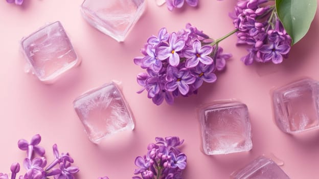 Purple lilac flowers and ice cubes on a pink background, overhead composition. Spring and freshness concept.
