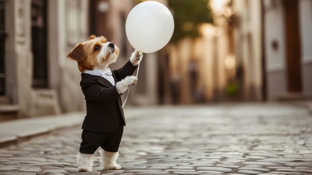 Dog in tuxedo holding a white balloon in a cobblestone street, whimsical and charming concept.