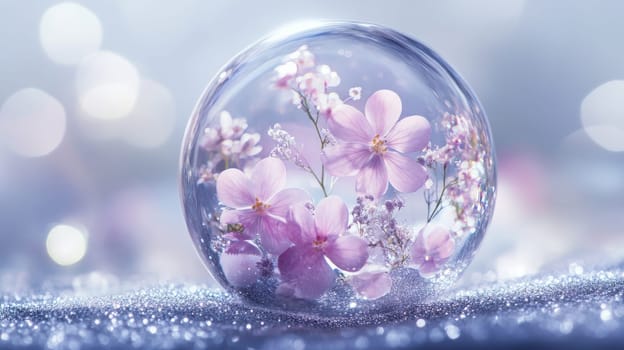 Pink flowers inside a crystal ball on glittering surface with blurred bokeh background, romantic and dreamy concept.