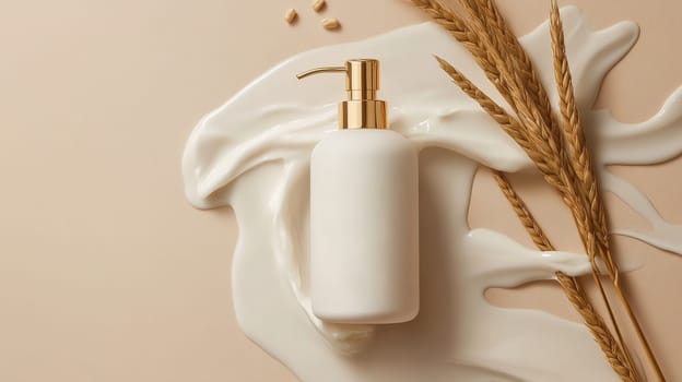 White pump bottle on a creamy beige background with wheat, skincare and wellness concept.