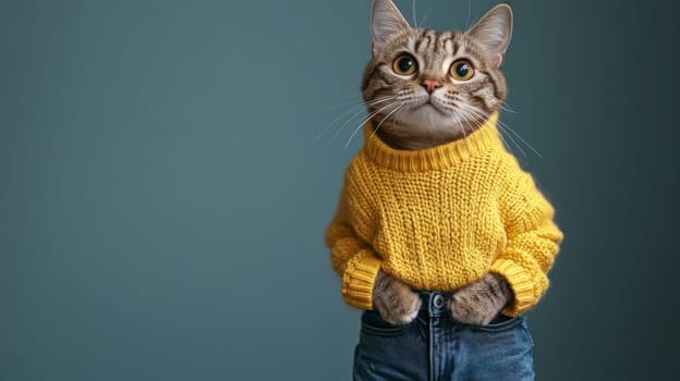 Cat wearing a yellow knitted sweater and blue jeans, studio shot. Adorable pet fashion and cute animal portrait concept.