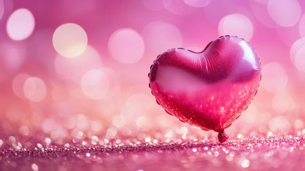 Heart-shaped balloon against a sparkling pink bokeh background, romantic celebration concept.