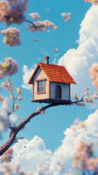 Charming tree house perched on a branch amidst blooming flowers and clouds, whimsical scene.
