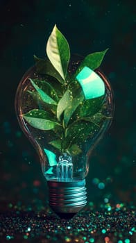 Light bulb containing green plant on glittering dark background, eco-friendly energy concept.