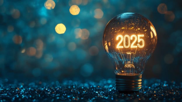 Light bulb with glowing 2025 text on shimmering background, futuristic innovation concept.