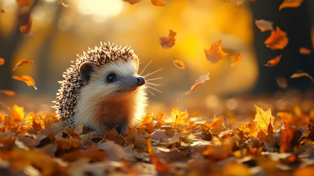 Hedgehog amidst autumn leaves, close-up in a forest. Nature and wildlife concept.