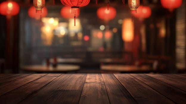 Empty wooden table in traditional asian restaurant with hanging lanterns, dark ambiance. Cultural dining concept.