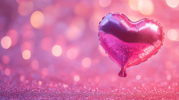 Pink heart-shaped balloon on glittery background, romantic love concept.