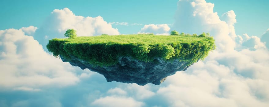 Floating island with lush greenery above clouds, surreal fantasy landscape concept.