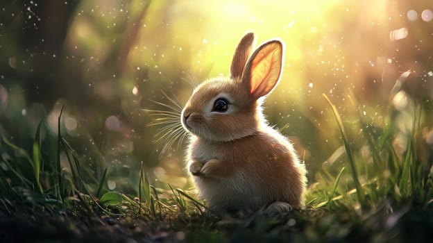 Young rabbit sitting in grass at sunset, magical nature scene. Wildlife and nature photography concept.