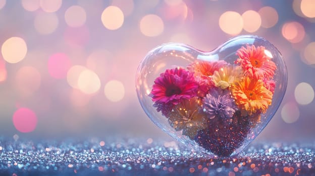 Heart shaped balloon with colorful flowers and bokeh lights, romantic and dreamy concept.