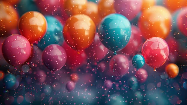 Colorful balloons with confetti in the air, vibrant celebration. Festive party concept.