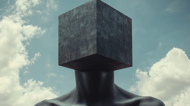 Black figure with cube head against cloudy sky, surreal concept.