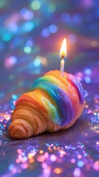 Rainbow croissant with lit candle on glittery background, vibrant celebration concept.