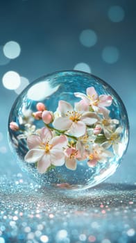Blossoming flowers inside a crystal ball on a sparkling blue background, close-up. Spring nature concept.