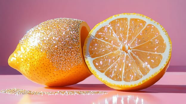 Lemon with glitter on pink background, creative concept.