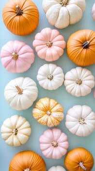 Colorful pumpkins arranged on light blue background, autumn harvest concept.